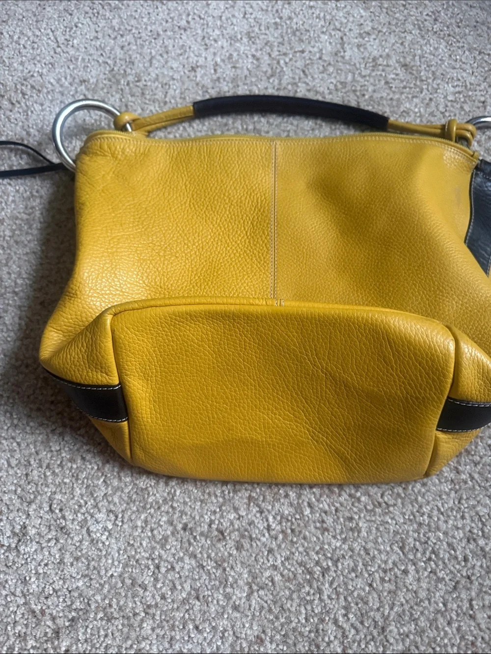 Yellow Pebbled Leather Shoulder Bag with Silver Rings